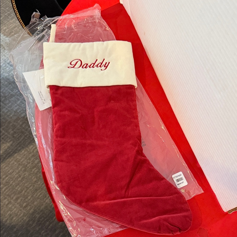 Pottery Barn, Medium Red Velvet Christmas Stocking with Name Embroidered